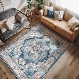 jinchan Area Rug 5x7 Washable Rug Vintage Rug Kitchen Floor Cover Traditional Rug Foldable Thin Rug Navy Blue Distressed Floral Print Indoor Mat for Doormat Bedroom Living Room