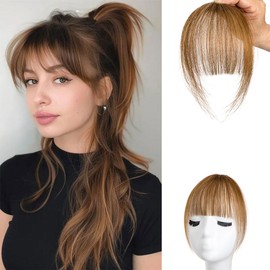 Bangs Hair Clip in Bangs 100% Real Human Hair Extensions Wispy Bangs Clip on Air Bangs for Women Hairpieces Curved Bangs (A-Light2 Brown2, Wispy Bangs)