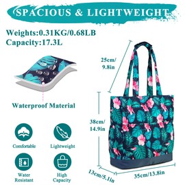 VASCHY Beach Bag for Women, 17.3L Floral Water Resistant Sandproof Summer Tote Bag Foldable Lightweight Pool Gym Shoulder Bag with Multi-Pockets for Vacation, Travel(Green Leaves Red Flowers)