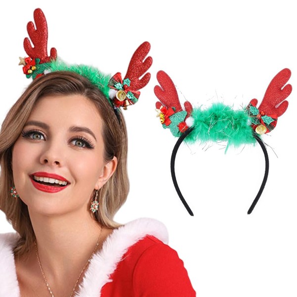 Zoestar Christmas Deer Headband Antlers Hairpiece Bells Christmas Trees Decorative Headwear New Year Headwear Hair Accessories for Women Girls 1 Piece