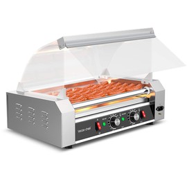 Leconchef Hot dog roller machine Commercial Grade Stainless Steel Electric 24 Hot Dog 7 Roller Grill Cooker Machine with Detachable Glass Cover、Dust cover and LED Lights, 1200-Watts