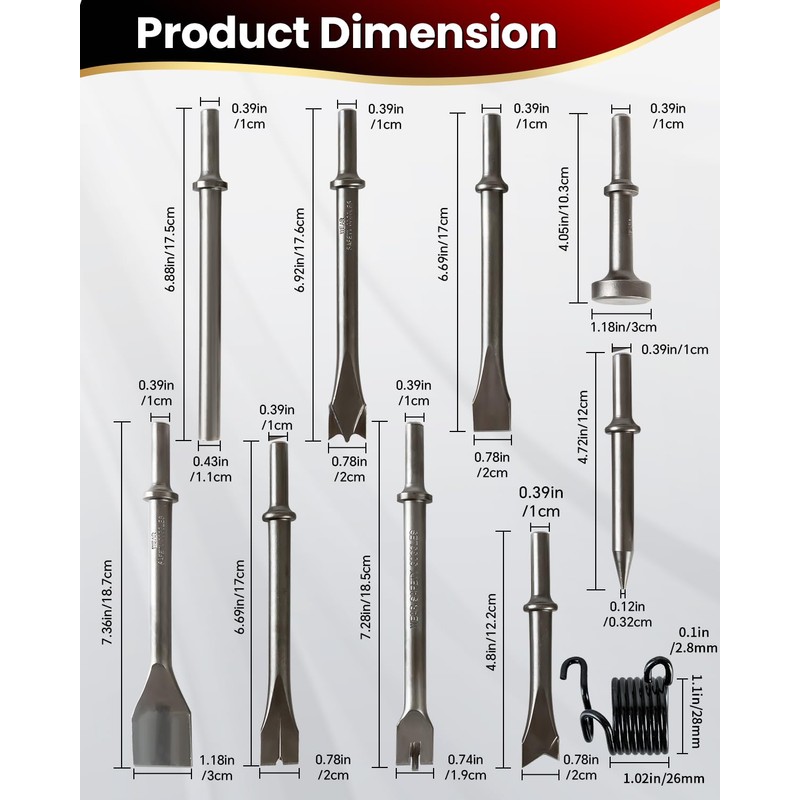 DUPDMKIN 10Pcs Air Hammer Chisels Set, Carbon Steel Air Chisel