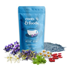 ROOTS & FOODS - Blue Zen "Blue Matcha" de 180 grs en polvo, rinde 60 tazas. Bebida con Mezcla Natural a base de Butterfly Pea Flower, Lavanda y Manzanilla.