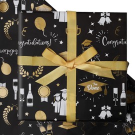 NEPOG 2024 Graduation Gift Wrapping Papers, 6 Sheets Black and Gold Gift Wrap Papers, 20 x 28 inch per sheet Folded Paper with 1 Roll Gold Ribbon for Graduation Party Gift Wrap DIY Craft