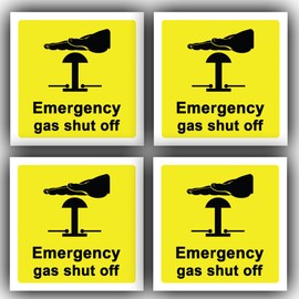 4 Pack - Emergency Gas Shut Off Sticker - Gas Safety Label - 100mm x 100mm - Waterproof Vinyl