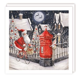 Tracks Publishing Charity Christmas Cards - Santa and Rudolph Cycling to Postbox on Snowy Night - Eco-Friendly - Pack of 5 Cards