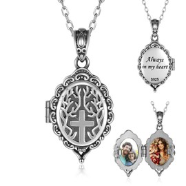 oGoodsunj Picture Locket Necklace Sterling Silver Oval-shaped Cross Hold Pictures Photo Pendant Memory Jewelry Gifts for Women, Medium, Silver, No Gemstone