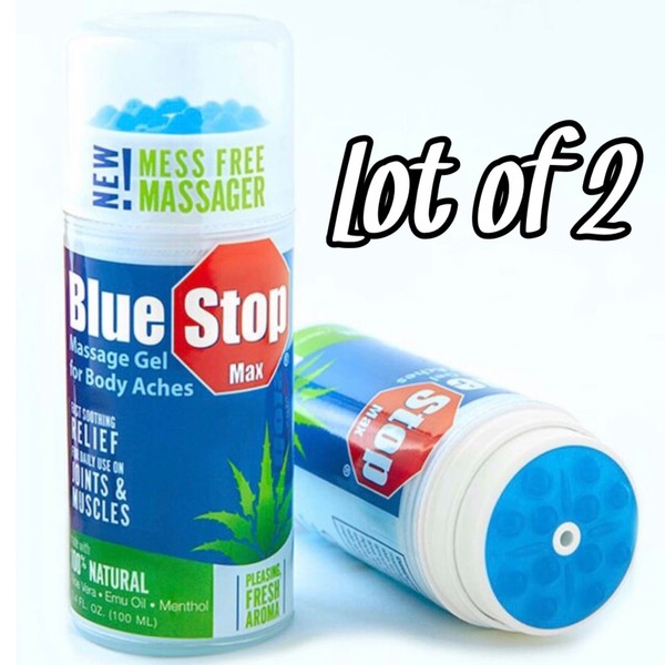 2x Blue Stop Max Massage Gel for Body Aches Aloe Vera Emu Oil & Menthol 3.4oz.