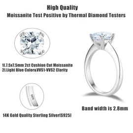 DovEggs 2ct Diameter 7.5mm Cushion Cut 2.8mm Width 8 Prongs Front Look Colorless Side Look Slightly Blue Moissanite Engagement Ring Solitaire 14K QUALITY Silver Moissanite Rings for Women（6.5）
