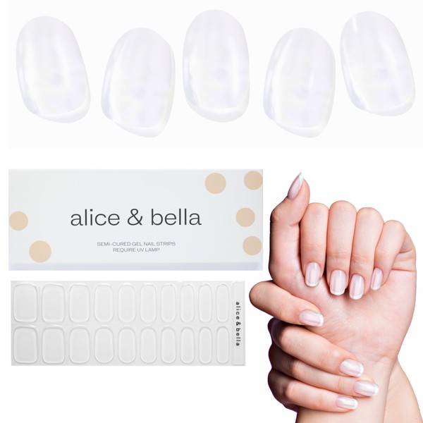 Alice & Bella Semi Cured Gel Nail Strips Set - Pure Strength Clear Nail Strengthening Gel - Long Lasting Transparent Crystal Clear Gel For Sheer Polished Nude Natural Look Waterproof UV Stickers Wraps