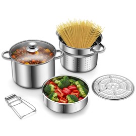 Sawysine Stainless Steel Pasta Pot 6-Piece 10 Quart Cooker Steamer Stock Pot Cookware Set Multipots with Strainer Insert for Home Kitchen