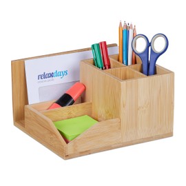 Relaxdays Bamboo Desk Organiser, 7 Compartments, for Pens, Documents, 11 x 21 x 19 cm, Pen Holder, Natural