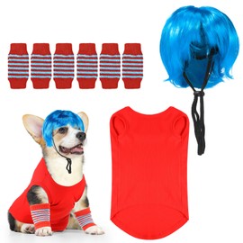 Huhumy 8 Pcs Dog Costume Outfits Red Soft Breathable Shirts and Pet Leg Warmers Red and Blue Stripes, Dog Wig Blue Short Puppy Pet for Cosplay Party(Medium)