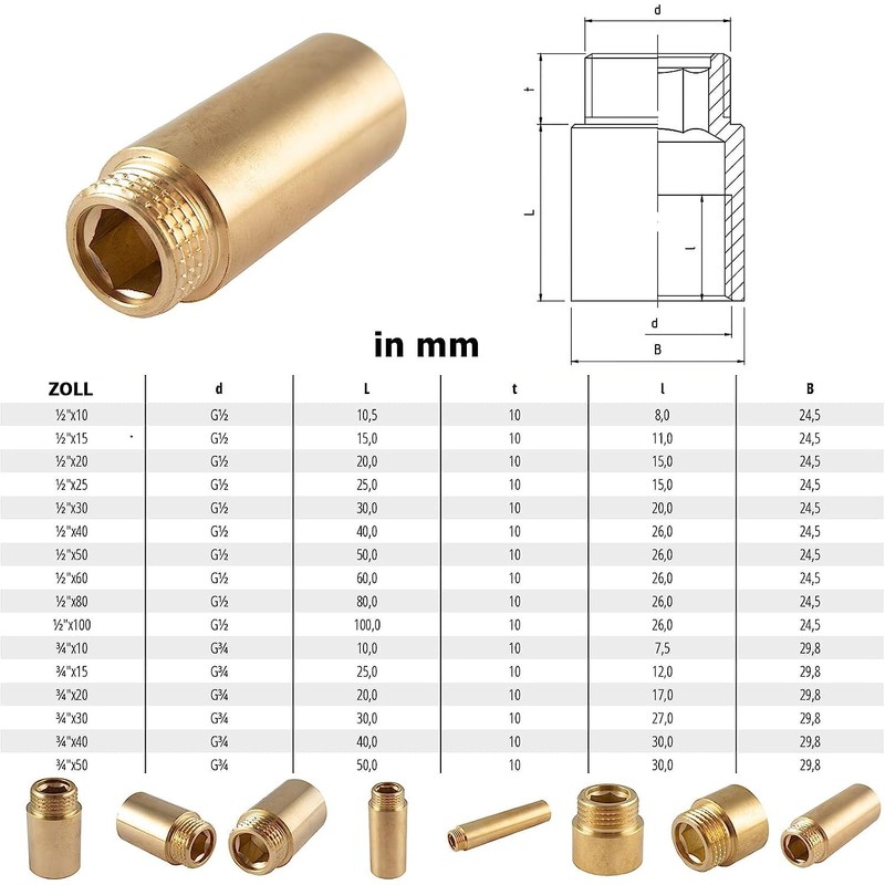 Extension Fitting, 1/2 Inch, 30 mm, Brass, Threaded Fitting, Suitable