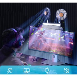3-Level Dimmable Clip-On desktop lights with Dual Gooseneck Fans, 360° Air Circulation Screen-Mounted Cooling Light for Office/Gaming Setup (Deepsea Blue)