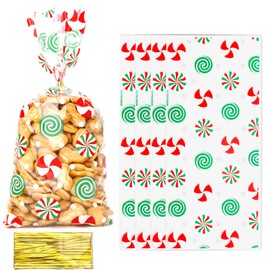 Christmas Treat Bags, Christmas Cellophane Bags, 50Pcs Christmas Candy Bags, Cellophane Treat Bags with Twist Ties, Cellophane Gift Bags Cookie Bags Goodie Bags for Xmas Holiday Party Favors Supplies