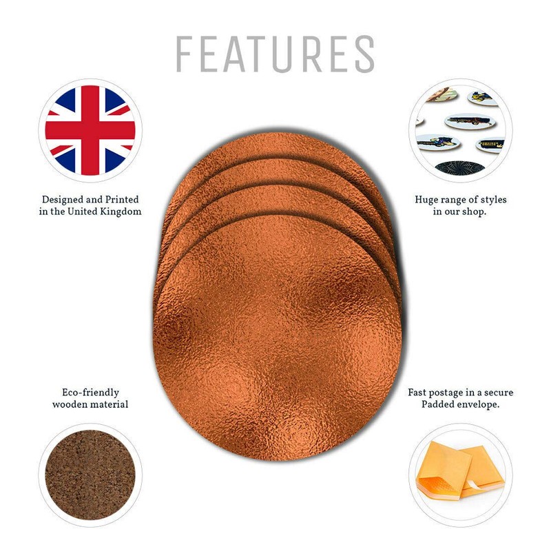 4 Set - Copper Effect Round Coasters - Metal Bronze