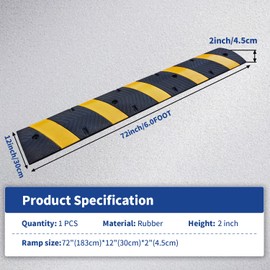 BESEA 6FEET Heavy Duty Rubber Speed Bump, 72" x 12" x 2" Heavy Duty Speed Bump Cable Protector Ramp for Driveway, Road Parking, Garage, Parking Lot, Warehouse