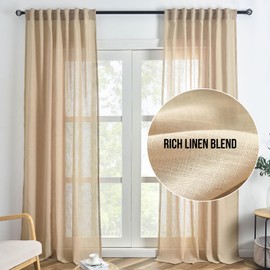 FINECITY Taupe Linen Curtains 63 Inch Length for Bedroom, Light Filtering Farmhouse Cottage Linen Textured Semi-Sheer Curtains 2 Panels, Burlap Look Privacy Back Tab Linen Drapes, 52 x 63 Inch, Taupe