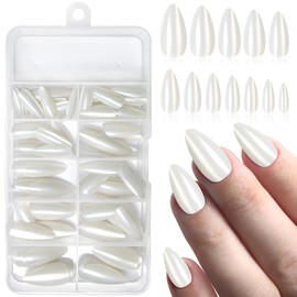 Bellelfin 120Pcs Cat Eye Press on Nails Almond Medium Length, Full Cover Sliver White Press on Fake Nails Glossy Acrylic Almond Shape Glue Nails for Women Girls