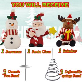 3Pack Ceramic Christmas Tree Replacement Topper Decorations-Includes Snowman/Santa Claus/Reindeer, Matching Metal Spring Base Can Also Be Used As A Xmas Flocked Trees.