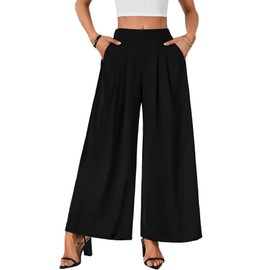 Vrtige Women's Elastic High Waisted Long Palazzo Pants Wide Leg Loose Office Casual Trousers with Pockets Black Small