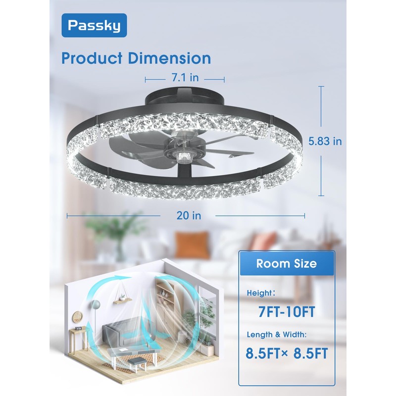 Passky 19.7” Low Profile Ceiling Fan with Lights and Remote,