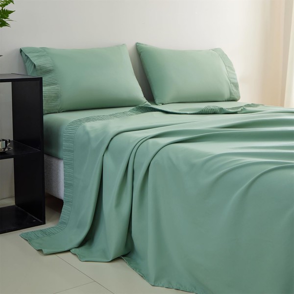 YASMENG 4 Pieces Green Bed Sheet Set Queen Size Hotel
