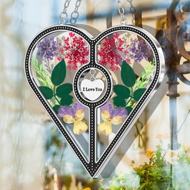 KY&BOSAM Heart Suncatchers Stained Glass Panels I Love You Hangings for Window Wind Chime with Pressed Flower Heart Embedded in Glass Mom Gifts- Gifts for Mother`s Day Birthday Christmas