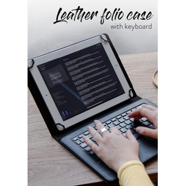 Funda con teclado para tablet de 7-8 pulgadas, panel táctil y magnético de cobre infinito ejecutivo, profesional 2 en 1, Bluetooth inalámbrico, Windows, Android, funda de transporte de piel para viaje + función atril, Negro, 7 - 8" inch