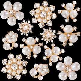 HINZIC 12 PCS Pearl Rhinestone Buttons Embellishments Gold Crystal Wedding Bouquet Brooches Flower Jewelry Charm for Women DIY Clothes Shoes Craft Decoration