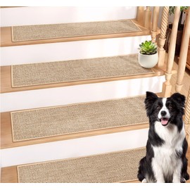 Szyeequoo Stair Treads Non Slip,Stair Treads for Wooden Steps Indoor,15 Pcs 8*30inch Stair Treads,Reusable Adhesive Stair Runner for kids&Dogs,Surface Polyester TPE Backing Carpet Stair Treads Beige
