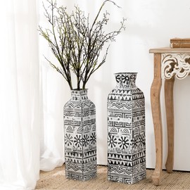 White & Black Flower Vase Decorative Set of 2 Tall Metal Floor Vase Rustic Roman Style Pattern Farmhouse/Boho Square Shape Vase for Centerpiece Home Decor