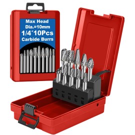 Sworker 10Pcs Carbide Burr Set 1/4 Shank w/Red Box Max Head Dia 10mm Die Grinder Bits Rotary Tools Attachment Kit Rasp Accessories Metal Wood Stone Steel Grinding Deburring Cutting Porting Carving
