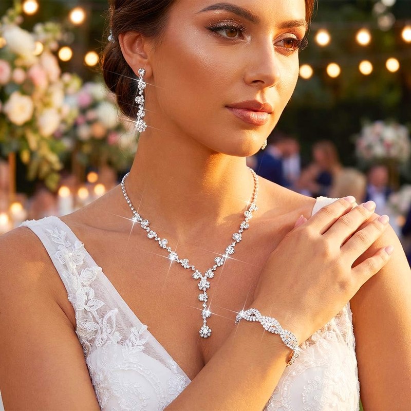 Aukmla Rhinestone Wedding Prom Jewelry Sets Silver Diamond Necklaces and
