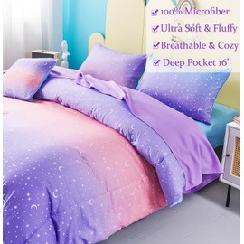 URBONUR Girls Comforter Set Twin 6PCS Gradient Purple Orange Glitter Moon Star Printed Bed in A Bag Soft Breathable Fluffy Bedding Set for All Season (Star, Twin Size)