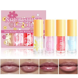4 Colors Nourishing Lip Oil Set With Vitamin E, Hydrating And Moisturizing Plumping Lip Glow Oil, No-Sticky Lip Gloss Lip Balm, Hydrating Nourishing Lip Care For Women
