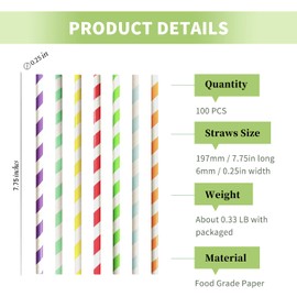 Colourful Striped Paper Straws, Multi Colours Party Paper Straws, Colourful Drinking Straws, Biodegradable Suitable for Birthday, Weddings, Party, Christmas, Pack of 100