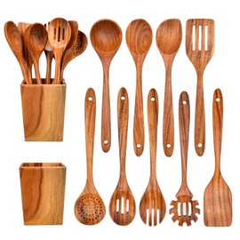 Gudamaye 13 inch Long Wooden Spoons for Cooking, 9 PCS Natural Teak Wooden Kitchen Utensil Set with Utensils Holder Made of Australia Camphor Laurel Wood，Wooden Utensils for Cooking