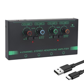 Horse Headphone Amp Amplifier, 4-Channel Metal Stereo Audio Amplifier, Mini Earphone Splitter, 1/4" 1/8" TRS/TS Audio Input and Output for Music Studio, DC 12V(Green&Black)