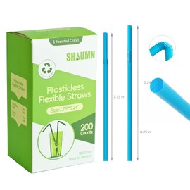 Flexible Plastic-Free Straws 7.75", Colorful Disposable Stylish Party Drinking Straws 200pcs,Plant-Based Assorted Colors Bendable Straws Sturdy for Drinks/Beverage.