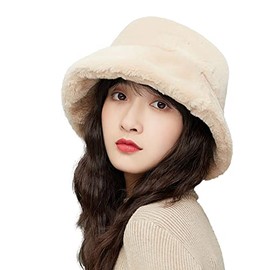 IBLUELOVER Women Faux Fur Bucket Hat Winter Fluffy Wide Brim Floppy Bush Hat Vintage Cloche Derby Hat for Girls Ladies
