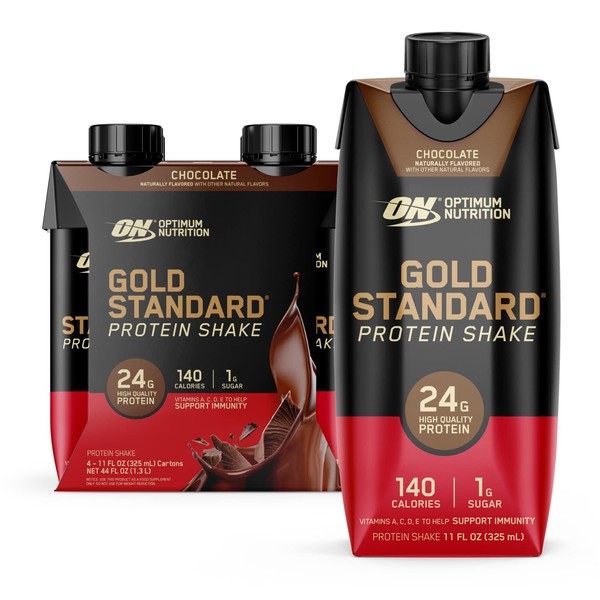 Optimum Nutrition Gold Standard Protein Shake, 24g Protein, Ready to Drink Protein Shake, Gluten Free, Vitamin C for Immune Support, Chocolate, 11 Fl Oz, 4 Count