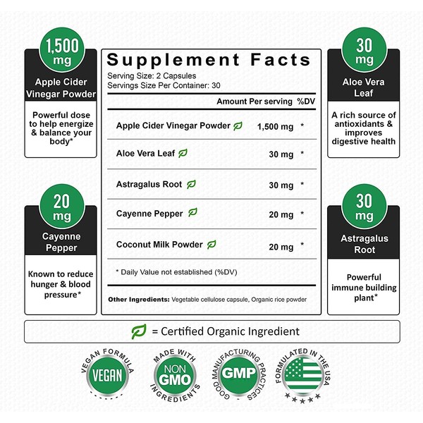 Organic Apple Cider Vinegar Capsules (60 Capsules | 1500 mg) | Apple Cider Vinegar Pills for Immune Support & Gut Health