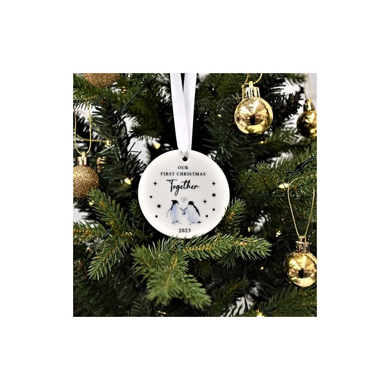 "First Christmas Together" Watercolour Penguin Design Ceramic Bauble - Perfect