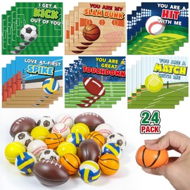 Letapapa Valentines Day Gifts for Kids, 24 Pack Kids Valentines Day Cards with Sports Stress Balls, Squeeze Foam Balls, Valentines Classroom Favors, Valentines Day Cards for Kids School