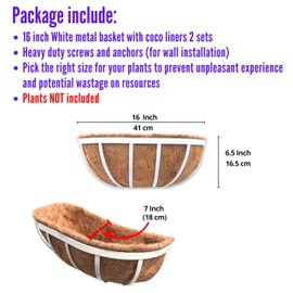 LaLaGreen Window Planter Box (2 Pack, 16 Inch) White Metal Deck Railing Flower Boxes with Coco Liners, Rectangular Wall Planters for Outdoor Plants Horse Troughs Fence Balcony Garden Herb Patio Porch