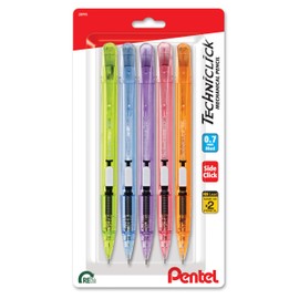 Pentel Techniclick 0.7mm Mechanical Pencil – Pack of 5, Smooth Writing Pencil for Students & Professionals, Medium Line, Side-Click Lead Advance, Assorted Pastel Barrel Colors (PD107TBP5M)