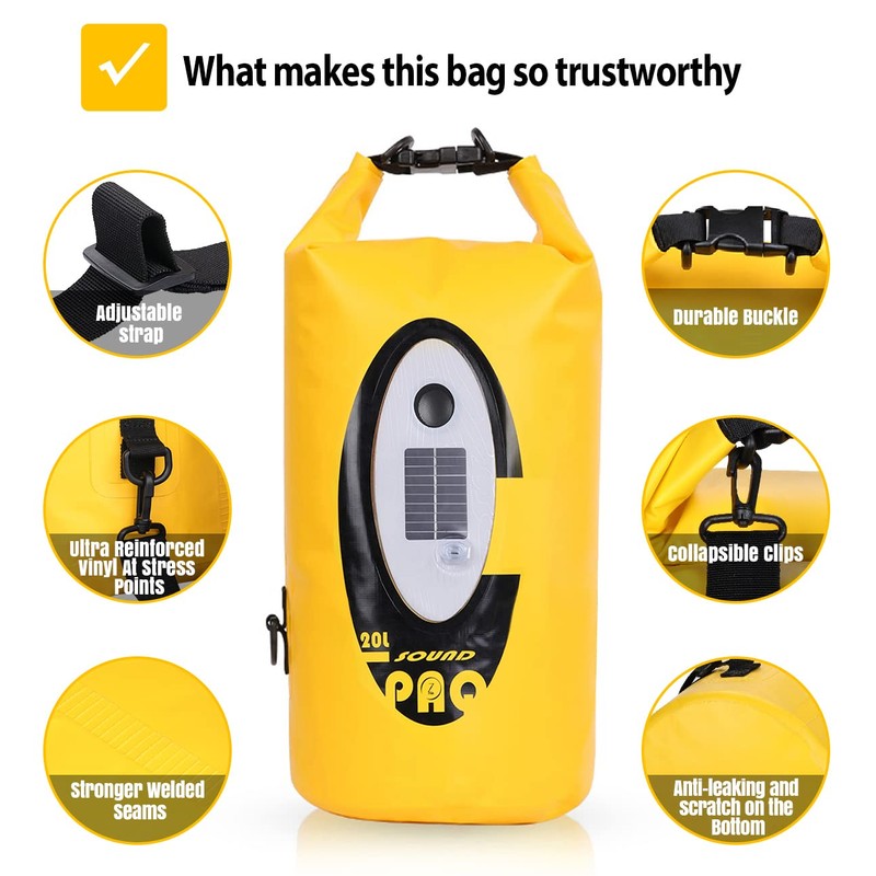 Qoolife Dry Bag Waterproof with Solar Bluetooth Speaker & Light