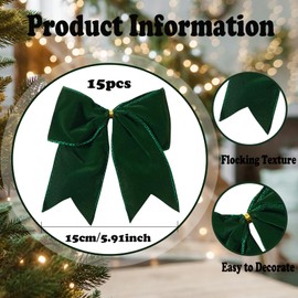 Ohapishop 15 Pcs Velvet Bows for Christmas Tree - 6 Inch Vintage Velvet Ribbon Christmas Bows for Gift Wrapping Xmas Tree Topper Bow Ornaments for Garland Wreath Bows Decor (Dark Green)